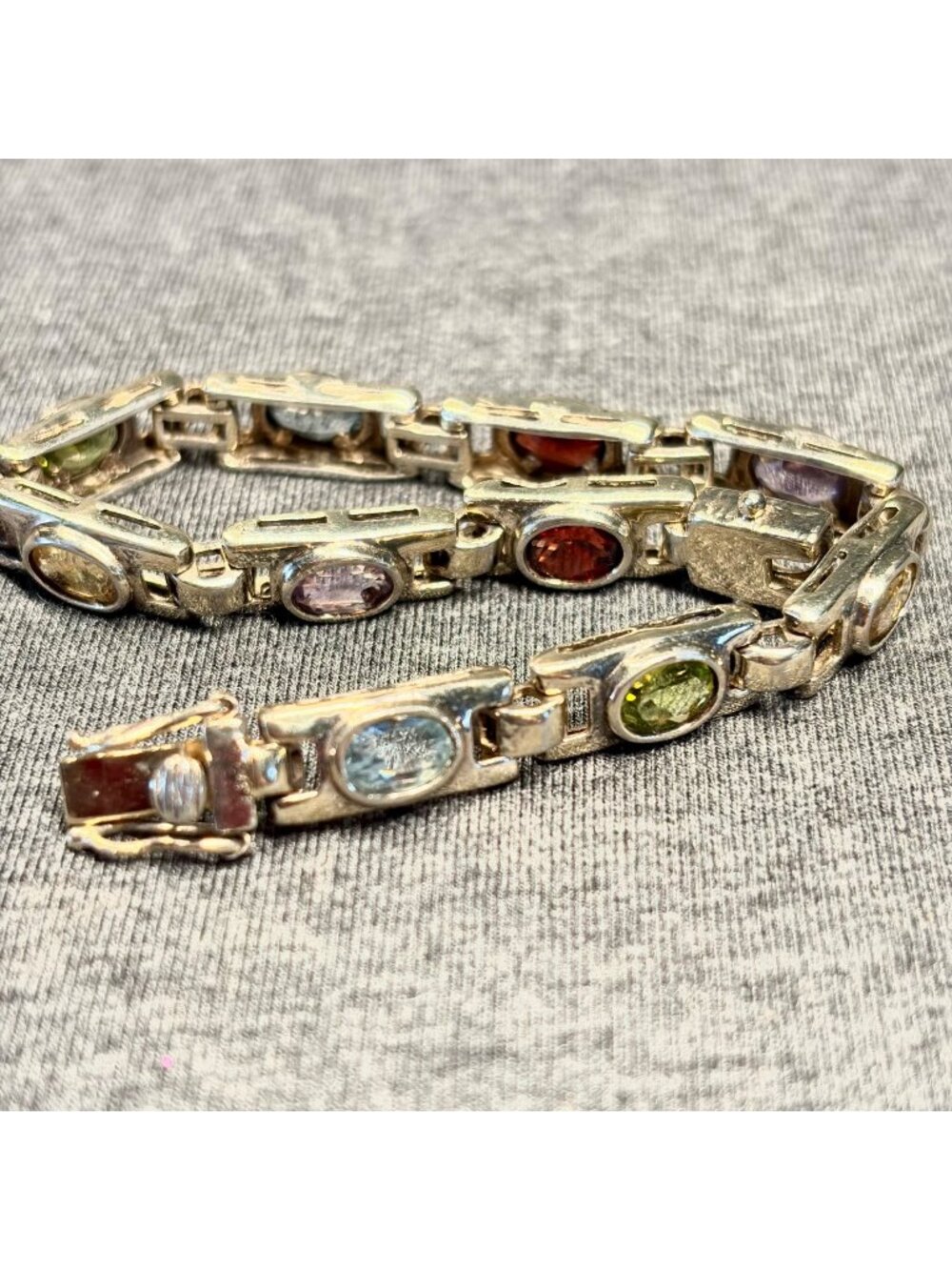 Bracelet Sterling Silver Multicolor Oval Gemstone Classic Link 7.5"